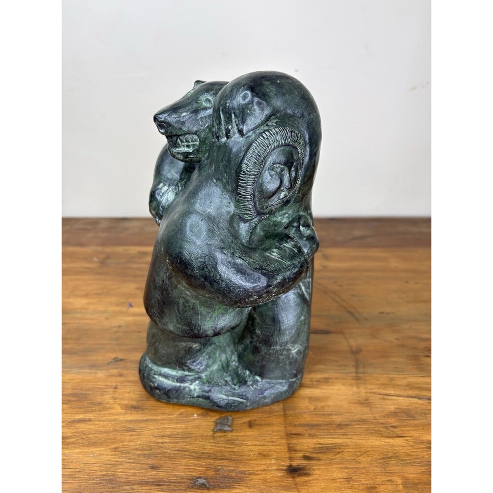 Vtg A Wolf Original 10" Inuit Eskimo Wrestling Bear Soapstone Statue Canada Sign